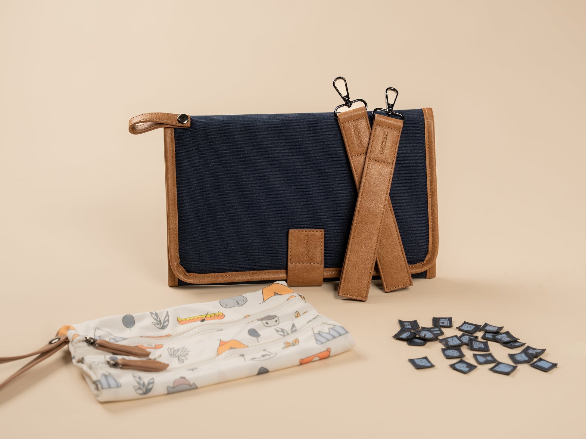 BUBSBAG accessory set with foldable changing mat, wetbag, pram straps and PackCheck labels