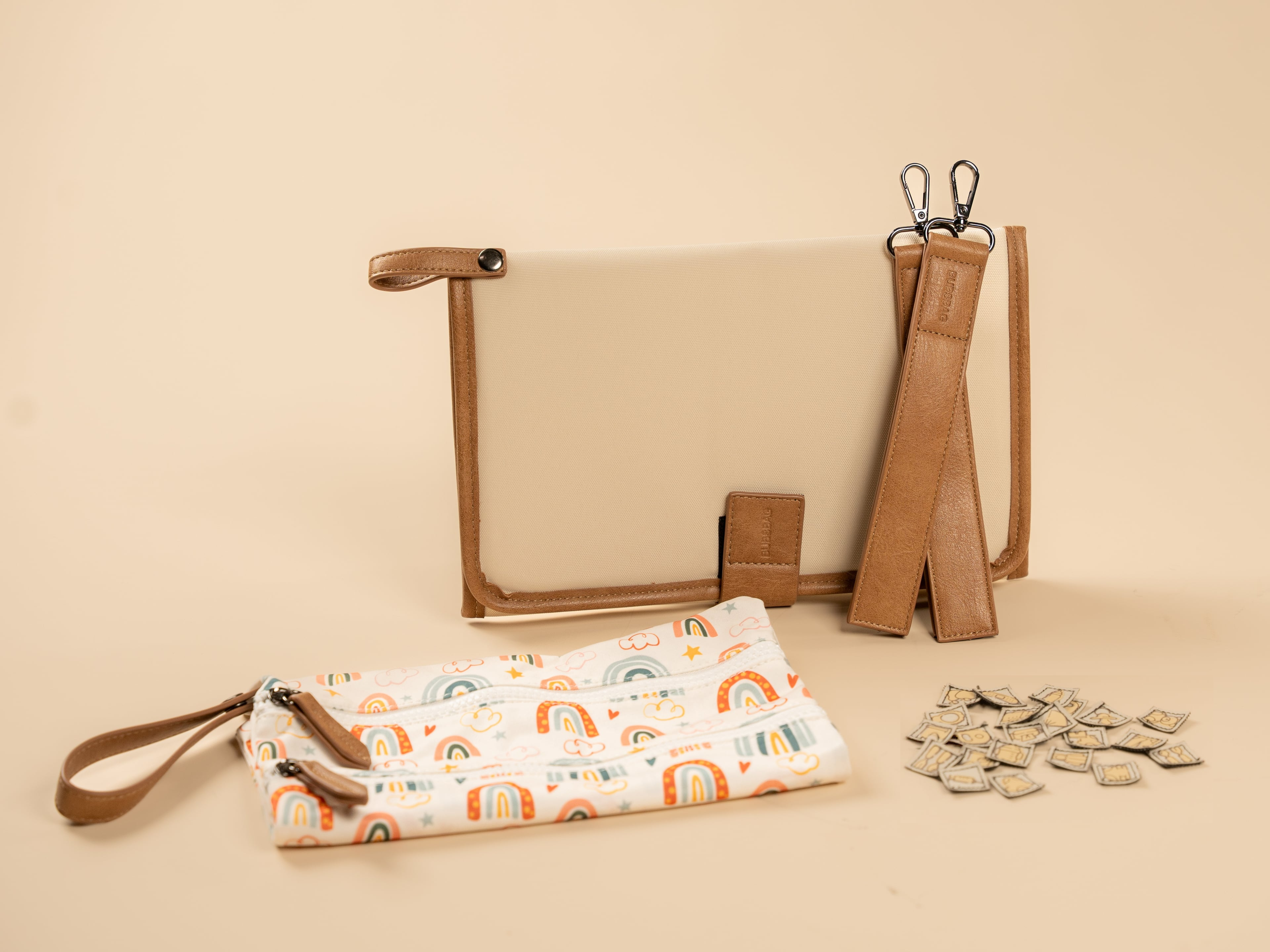 BUBSBAG accessory set with foldable changing mat, wetbag, pram straps and PackCheck labels
