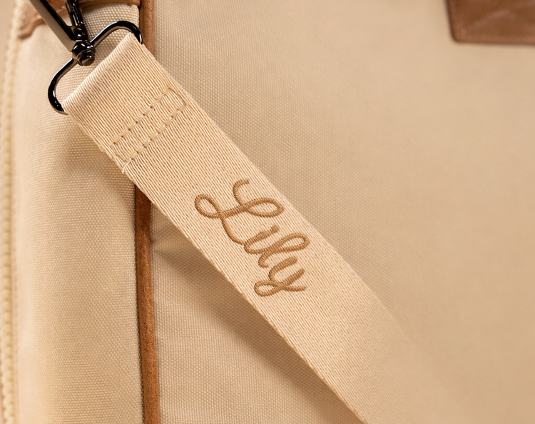 Custom embroidered name strap for personalized BUBSBAG nappy bag