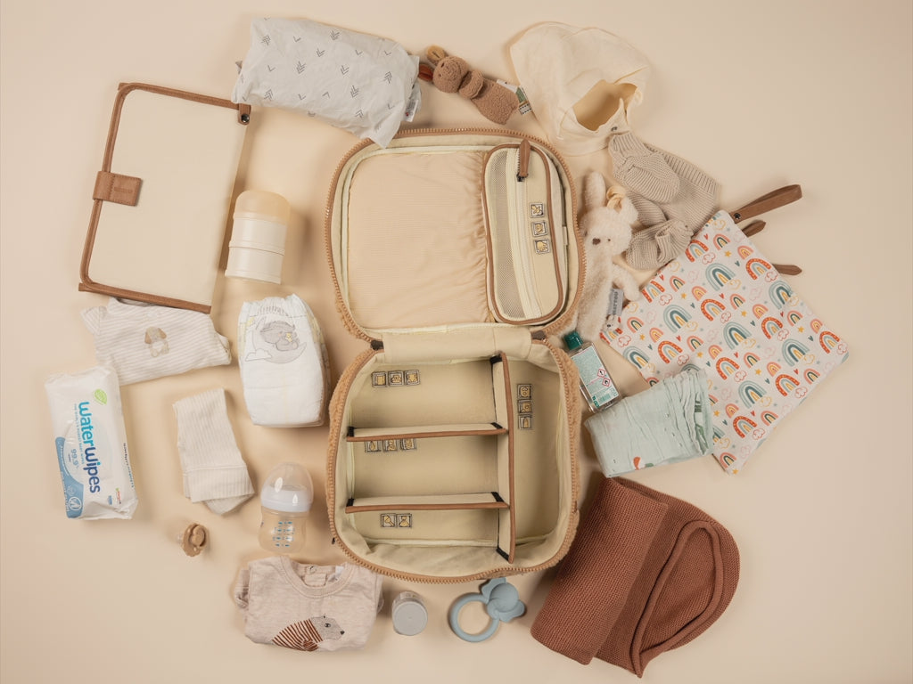 Load video: Open BUBSBAG packed with organized baby essentials for a first day out with newborn